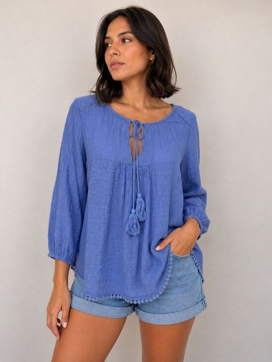 bobeau Tops - Bobeau Womens Blue Gauze Boho Tunic Top Medium Tassel Tie 3/4 Sleeve